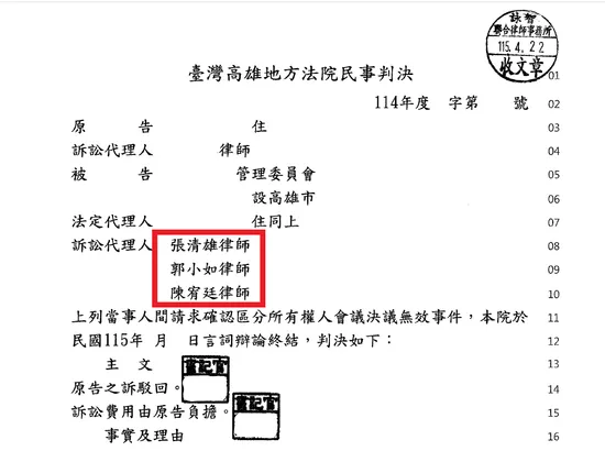 客戶請求確認區分所有權人會議決議無效事件一審勝訴案