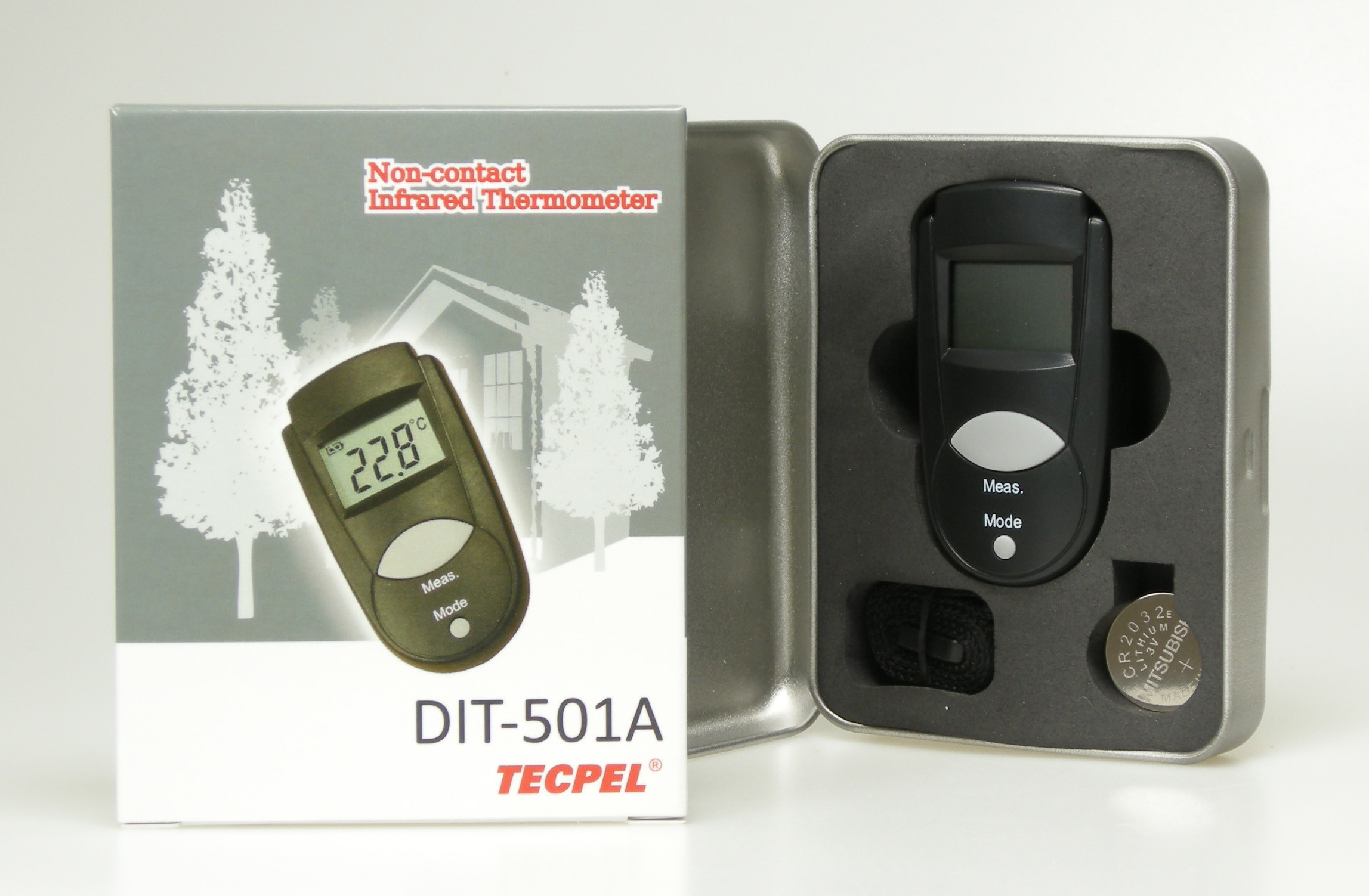 紅外線溫度計 DIT-501A 附件攜帶小鐵盒, 多附備用電池 一只