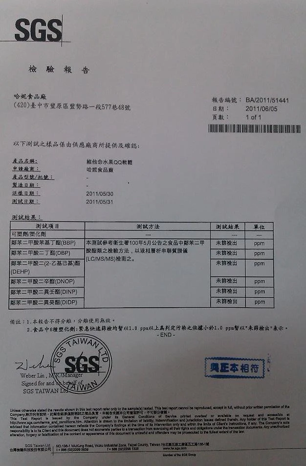 SGS檢驗合格報告-哈妮水果QQ軟糖