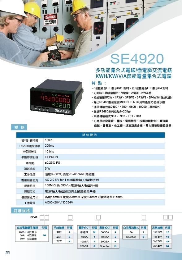 SE4920KWH-KW-V-A節能電量集合式電錶