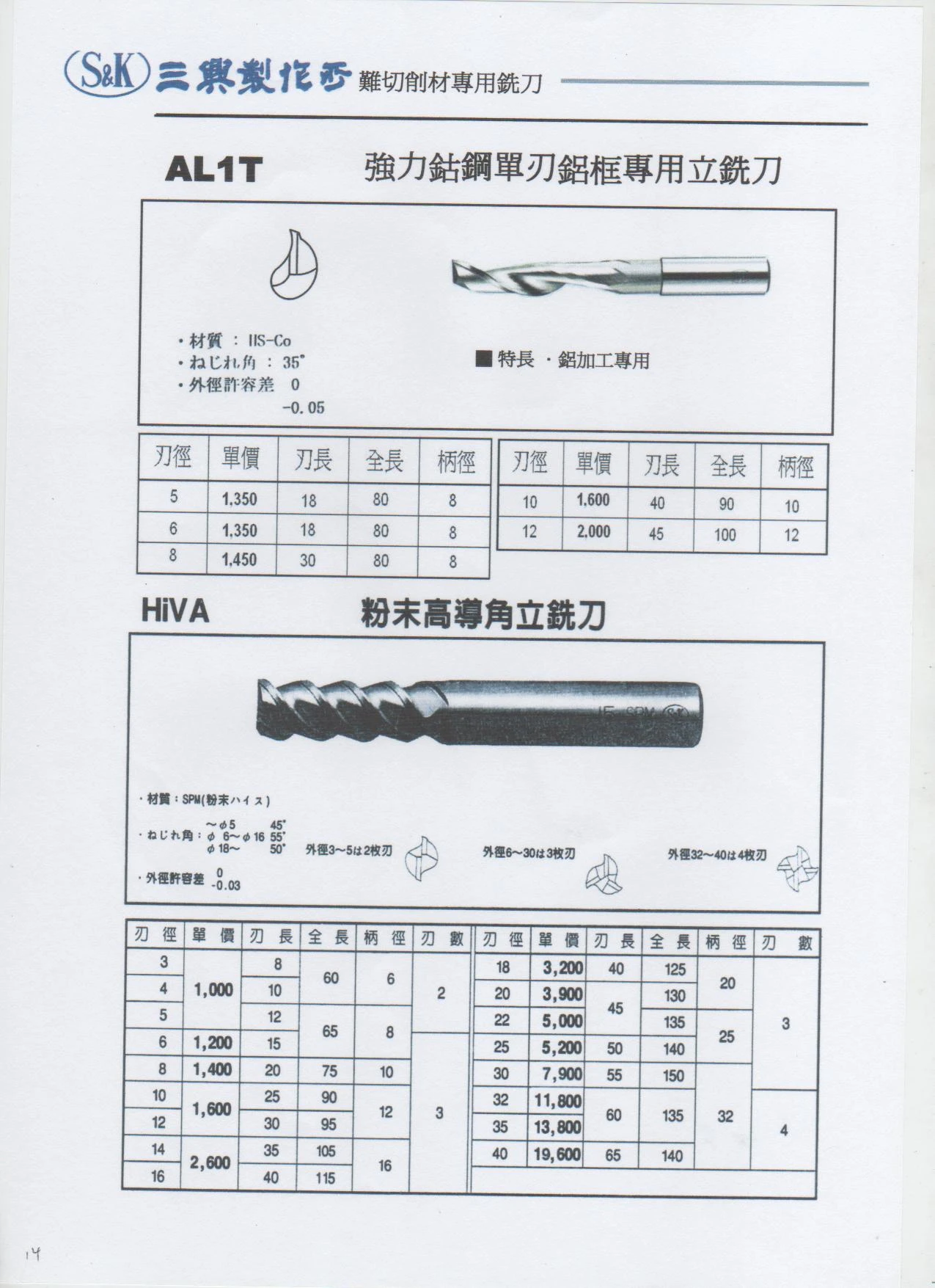 日本S&amp;K強力鈷鋼單刃鋁框專用立铣刀
