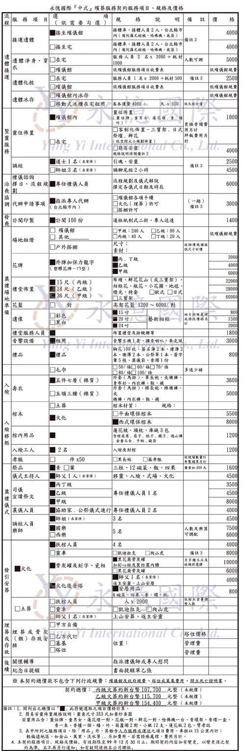 『永憶國際中式殯葬服務制式契約服務項目、規格及價格』參考表』