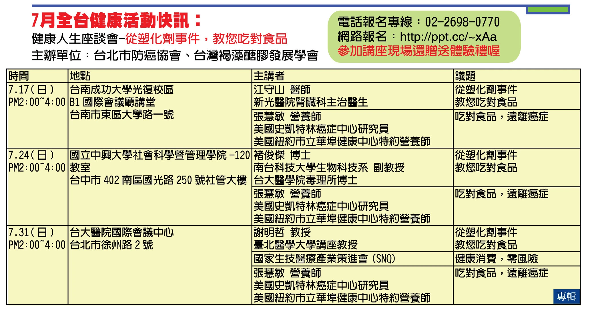 講座主題：從塑化劑事件，教您吃對食品