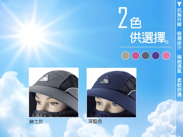 可拆型兩側透氣全面防護系列(大面積抗防曬雙層口罩)遮陽帽-工作帽-深藍