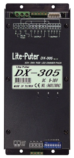 3迴路LED控制器, DX-305 是一部DMX 3Channels 採用PWM 方式調光控制 RGB LED亮度的的數位調光推動器，可以精確控制RGB三原色L