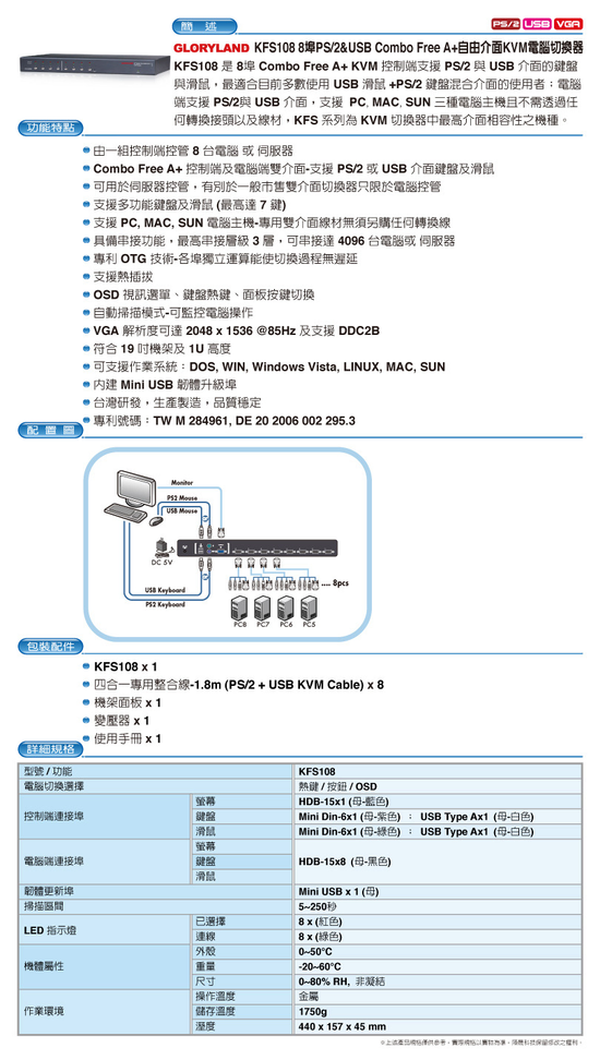 KFS108 8埠PS-2&USB KV