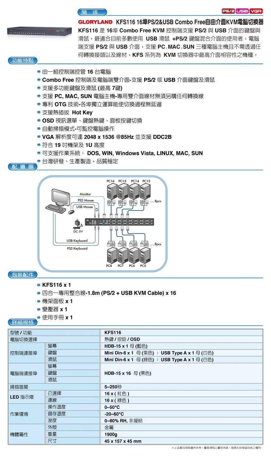 KFS116 16埠PS-2&amp;USB