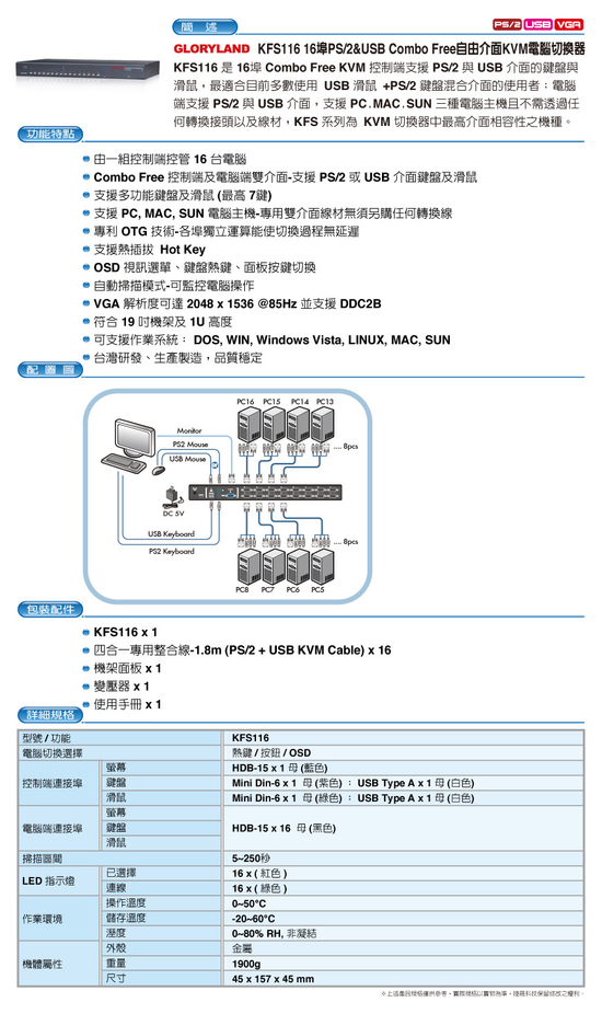 KFS116 16埠PS-2&USB