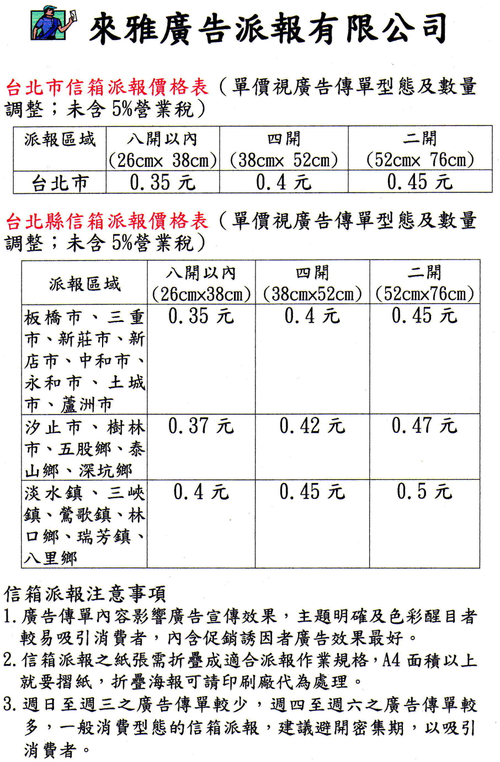 來雅派報社北市、縣派報價格