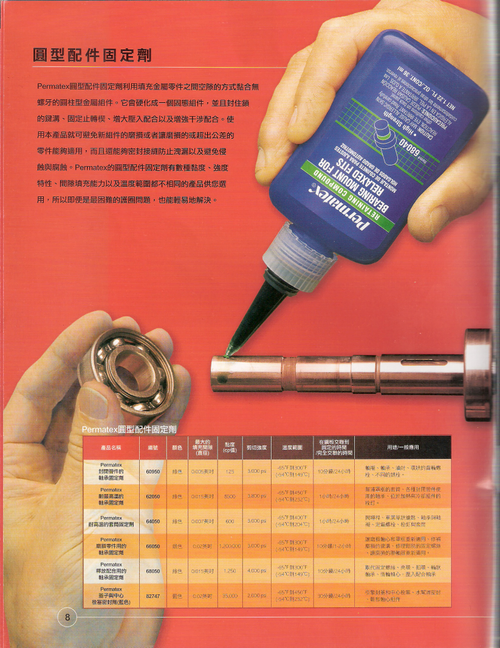 高品質的各種工業用接著劑,如:瞬間膠、缺氧膠、螺絲固定劑、軸承固定劑、管路墊片密封劑、環氧樹脂A/B膠、平面結構膠、耐高溫接著劑產品與各種用途之矽利康