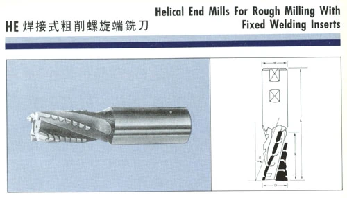 HE 焊接式粗削螺旋端銑刀-Helical End Mills  For Rough Milling With Fixed Welding Inserts