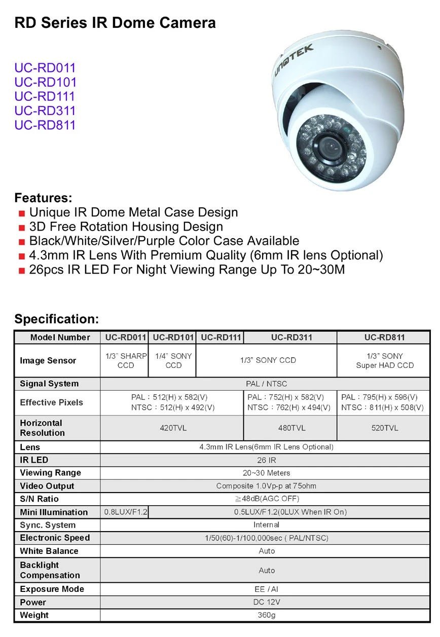 UC-RD011半球型紅外線鏡頭