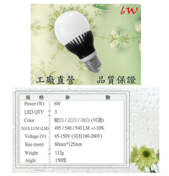 LED E27 6W球泡燈、燈泡