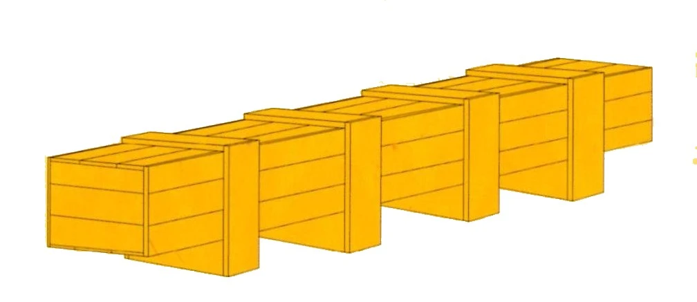 訂製木箱：針對特殊型貨品，訂製髓需長寬高的特殊型木箱，左圖為乃放至長型鋼條之木箱。
