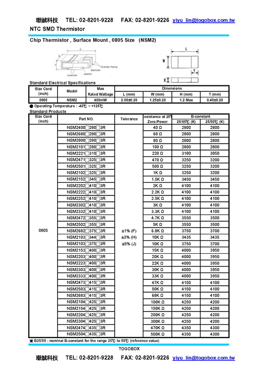 SMD 熱敏電阻 NTC NSM2104J425G