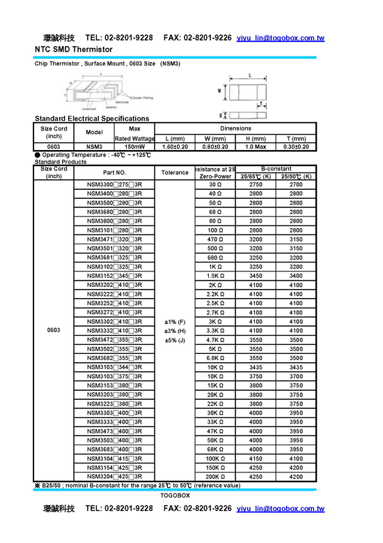 SMD NTC 熱敏電阻 NSM3473H400H