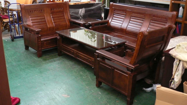 原木樟木沙發椅*實木板椅-123含大小茶几-客廳桌
