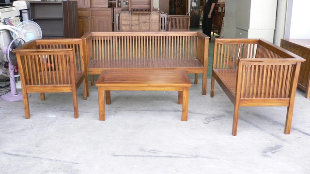 日式柚木沙發椅 實木客廳桌椅 木頭板椅 戶外休閒桌
